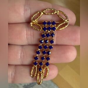 Vintage Austria Gold and Stunning Royal Blue Brooch Cloud Rain Hammered Jewelry